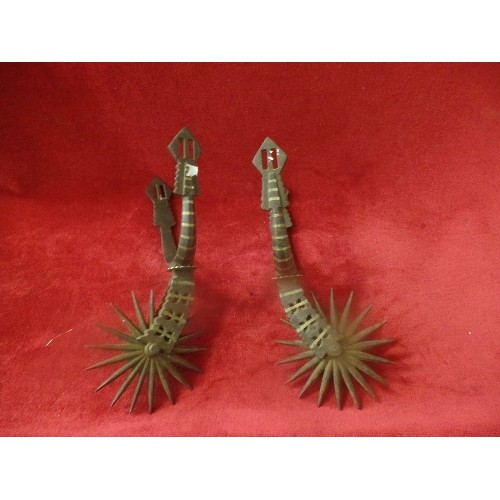 71 - PAIR OF ANTIQUE EARLY 1900'S ARGENTINIAN GAUCHO SPURS  WITH SILVER INLAY  - CAST IN IRON WITH LARGE ... 