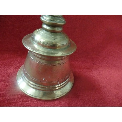 69 - LARGE VINTAGE INDIAN BRASS TEMPLE BELL (POOJA) WITH HINDU COW FINIAL - 24CM