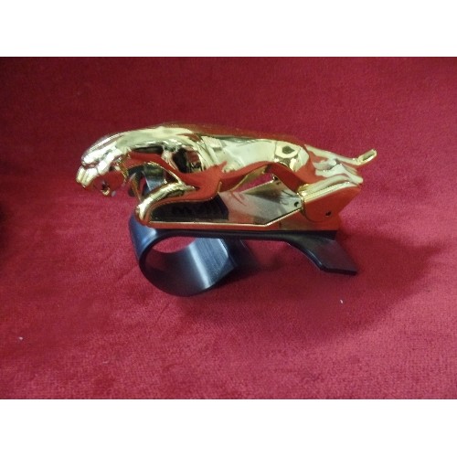 73 - AN ORIGINAL CHROME PLATED JAGUAR CAR MASCOT MOUNTED ON A WOODEN STAND, TOGETHER WITH A GOLD PLASTIC ... 