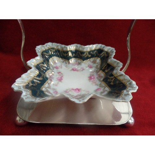 16 - AN EDWARDIAN PORCELAIN BON BON DISH ON A SILVER PLATED STAND BY MARK WILLIS SHEFFIELD TOGETHER WITH ... 