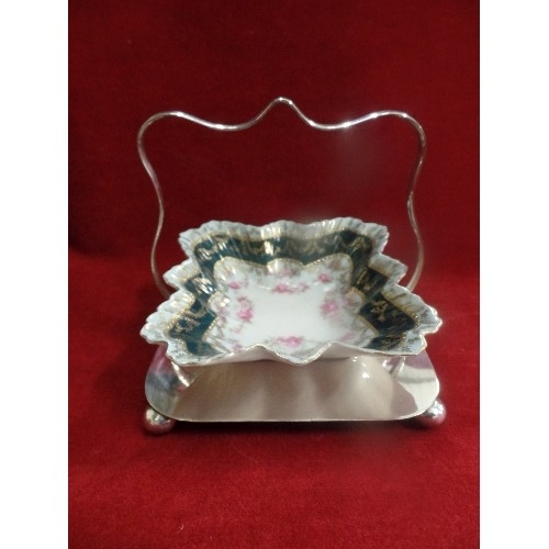 16 - AN EDWARDIAN PORCELAIN BON BON DISH ON A SILVER PLATED STAND BY MARK WILLIS SHEFFIELD TOGETHER WITH ... 