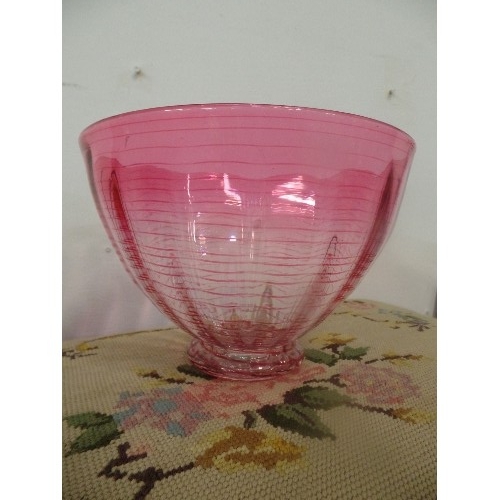 3 - A BEAUTIFUL CIRCA 1930 PINK GLASS THREADED BOWL, POSSIBLY BY BARNABY POWELL, WHITEFRIARS. GROUND PON... 