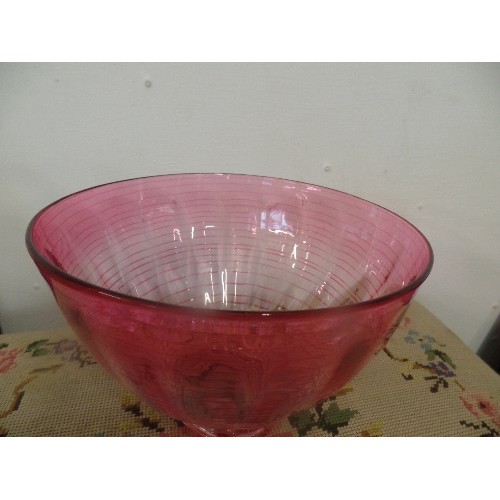 3 - A BEAUTIFUL CIRCA 1930 PINK GLASS THREADED BOWL, POSSIBLY BY BARNABY POWELL, WHITEFRIARS. GROUND PON... 