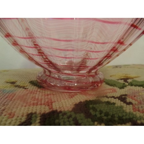 3 - A BEAUTIFUL CIRCA 1930 PINK GLASS THREADED BOWL, POSSIBLY BY BARNABY POWELL, WHITEFRIARS. GROUND PON... 