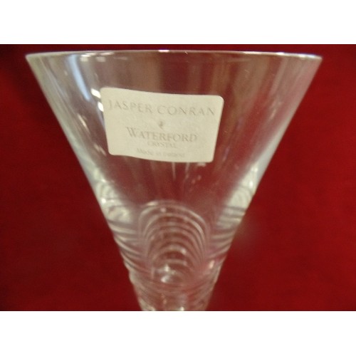 5 - A PAIR OF LARGE WATERFORD CRYSTAL CHAMPAGNE GLASSES BY JASPER CONRAN - ETCHED MARKS TO BASES - 26CM