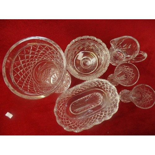 289 - A WATERFORD CRYSTAL OVAL SHAPED BOWL AND A WATERFORD CRYSTAL MILK JUG. ALSO 4 FURTHER PIECES OF CRYS... 