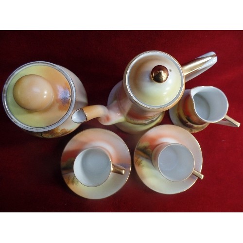 240 - NORITAKE HANDPAINTED PORCELAIN PART COFFEE SET TOGETHER WITH A LIDDED JAR IN SIMILAR COLOURS