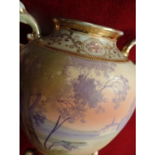 243 - A BEAUTIFUL 1920'S NORITAKE PORCELAIN VASE, HANDPAINTED WITH A COUNTRY HOUSE AND LAKE SCENE - WITH R... 