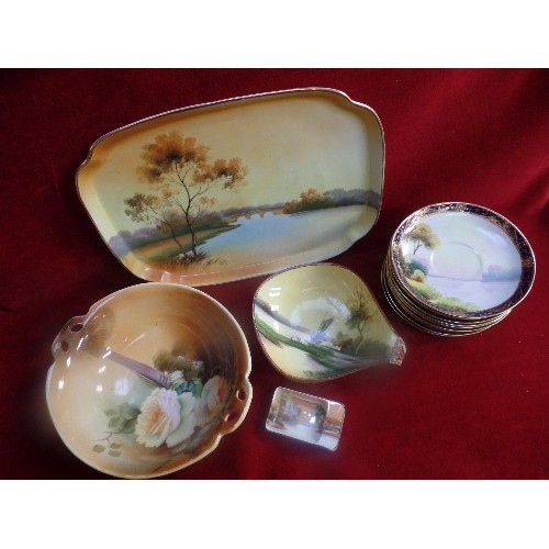 242 - A SELECTION OF 1920'S NORITAKE PORCELAIN INCLUDING A TRAY WITH LAKE SCENE, BOWLS, ASHTRAY AND 9 SAUC... 