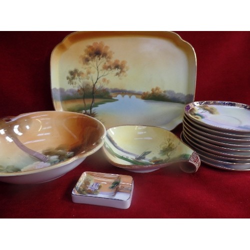 242 - A SELECTION OF 1920'S NORITAKE PORCELAIN INCLUDING A TRAY WITH LAKE SCENE, BOWLS, ASHTRAY AND 9 SAUC... 