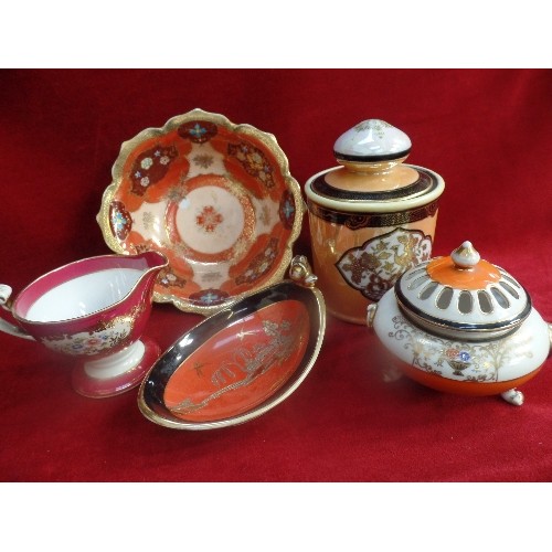 245 - FIVE PIECES OF CIRCA 1930'S NORITAKE PORCELAIN IN SHADES OF RED AND ORANGE INCLUDING A LIDDED JAR, B... 