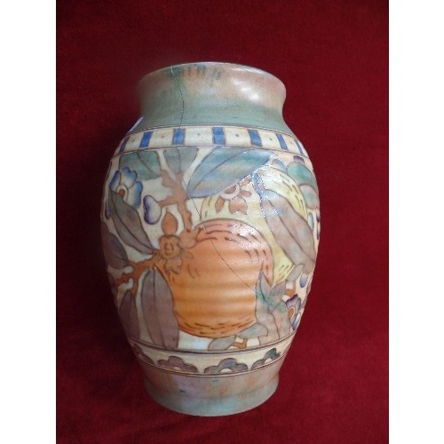 248 - AN ART DECO CHARLOTTE RHEAD BURSLEY WARE VASE WITH TUBELINED DESIGN - OLD DAMAGE & REPAIR