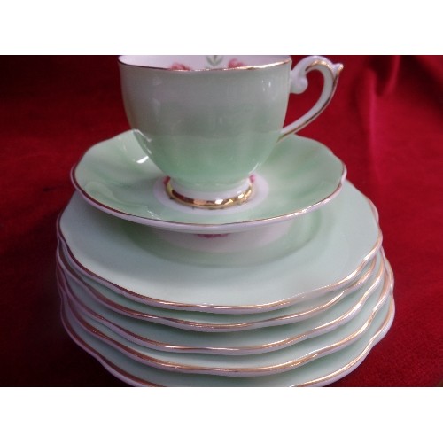 226 - A VERY PRETTY 20TH CENTURY TEASET IN PALE GREEN WITH PINK ROSE DESIGN BY KEVIN POTTERY, BONE CHINA E... 