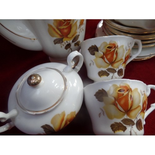 227 - A 20TH CENTURY BONE CHINA TEASET WITH YELLOW ROSE DESIGN & GILT HIGHLIGHTS BY STAFFORDSHIRE CHINA - ... 