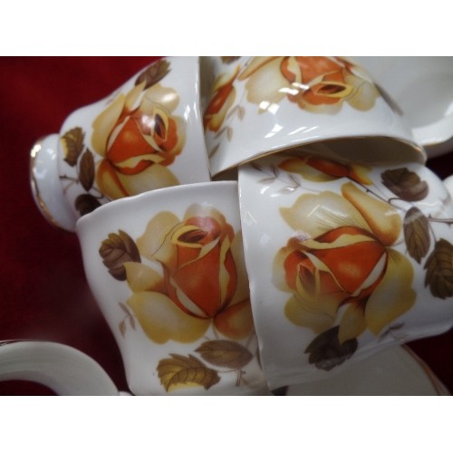 227 - A 20TH CENTURY BONE CHINA TEASET WITH YELLOW ROSE DESIGN & GILT HIGHLIGHTS BY STAFFORDSHIRE CHINA - ... 