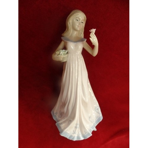 270 - LARGE PORCELAIN LEONARDO COLLECTION FIGURE OF A LADY IN A PINK AND BLUE DRESS, DESIGNED BY ANNIE ROW... 