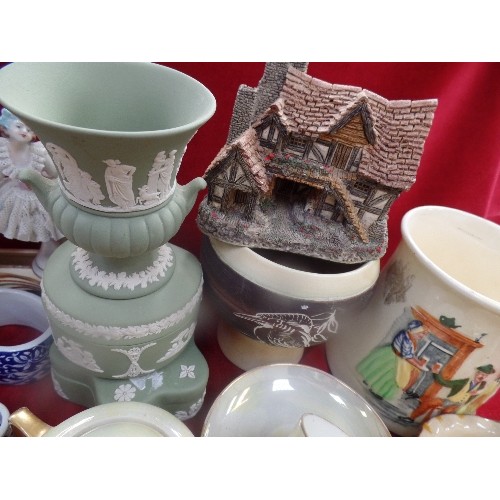 277 - COLLECTION OF CERAMICS INCLUDING 3 PIECES OF WEDGWOOD GREEN JASPER, AN EDWARDIAN LANGLEY WARE POT DE... 