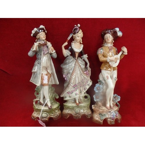 271 - GROUP OF THREE MID 20TH CENTURY GERMAN PORCELAIN FIGURES OF MUSICIANS AND A LADY WITH A FAN, BY GRAF... 