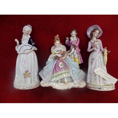 272 - 3 20TH CENTURY CONTINENTAL PORCELAIN FIGURINES, THE MUSICIAN GROUP WITH THE CHELSEA GOLD ANCHOR MARK... 