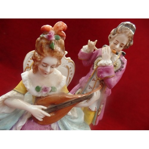 272 - 3 20TH CENTURY CONTINENTAL PORCELAIN FIGURINES, THE MUSICIAN GROUP WITH THE CHELSEA GOLD ANCHOR MARK... 