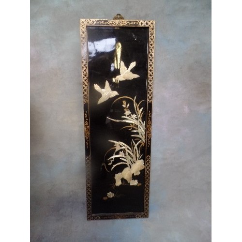 139 - A MID 20TH CENTURY JAPANESE SHIBAYAMA TYPE LACQUERED PANEL WITH A DESIGN OF BIRDS, ROCKS AND FLOWERS... 