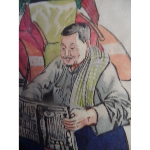 142 - A MID 20TH CENTURY CHINESE PAINTING ON SILK OF A MAN READING HIS NEWSPAPER, AND RESTING AGAINST HIS ... 