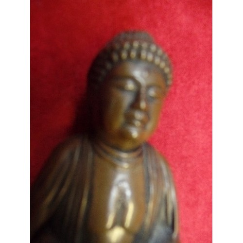 150 - A 20TH CENTURY BRONZE (OR BRONZE RESIN) BUDDHA INCENSE STICK HOLDER - 11CM