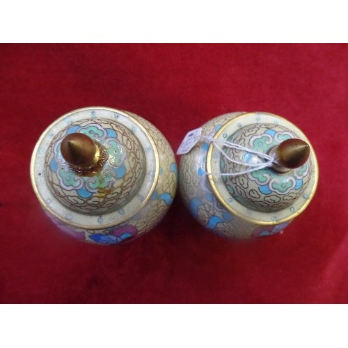 145 - A BEAUTIFUL PAIR OF CHINESE CLOISONNE COVERED VASES DECORATED WITH BUTTERFLIES AND FLOWERS - 12CM