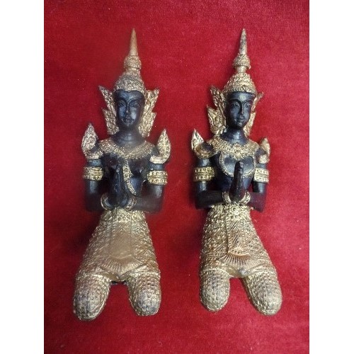 136 - MID 20TH CENTURY PAIR OF THAI BRONZE MALE AND FEMALE BUDDHIST FIGURES (BODHISATTVA OR KNEELING ANGEL... 