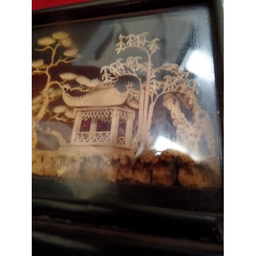 134 - THREE VINTAGE CHINESE HAND CARVED CORK DIORAMAS WITH PAGODAS AND GARDENS - IN GLASS AND BLACK ENAMEL... 