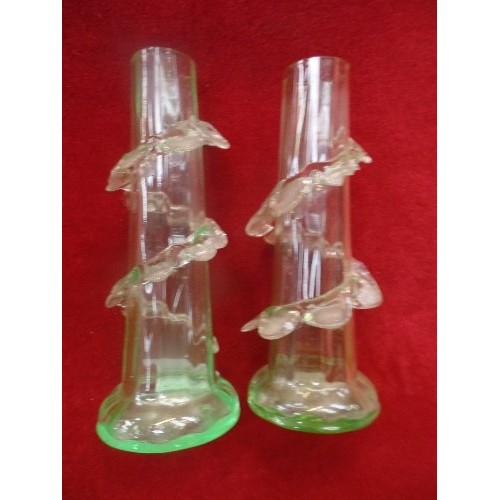 298 - PAIR OF VICTORIAN GREEN GLASS STEM VASES WITH RUFFLE SPIRAL TWIST DESIGN - 15CM