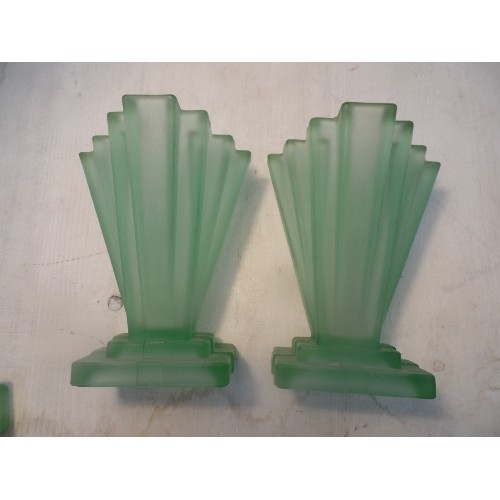 297 - A PAIR OF 1930'S ART DECO GREEN FROSTED GLASS VASES BY BAGLEY WITH SQUARE FLOWER FROG INSERTS - 16CM