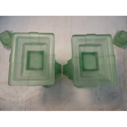 297 - A PAIR OF 1930'S ART DECO GREEN FROSTED GLASS VASES BY BAGLEY WITH SQUARE FLOWER FROG INSERTS - 16CM