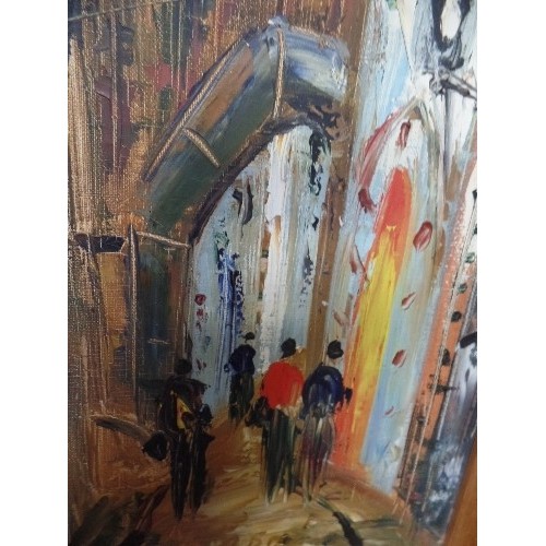 262 - A 1960'S OIL PAINTING ON CANVAS OF A CONTINENTAL STREET SCENE - ORIGINAL WOODEN FRAME - 68CM X 30CM.... 