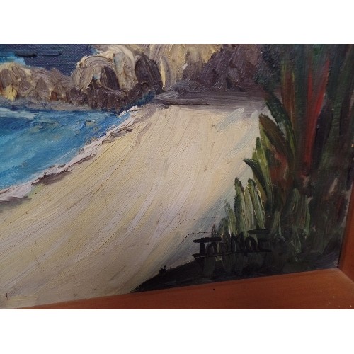 263 - A SECOND HALF OF 20TH CENTURY OIL PAINTING ON CANVAS OF A MEDITERRANEAN COASTAL SCENE WITH YACHT - S... 