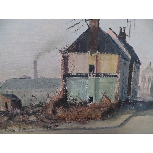 177 - DAVID SHORT, B 1940. AN EARLY OIL ON CANVAS PAINTING, BELIEVED  TO DEPICT LONDON SLUM CLEARANCE, WIT... 