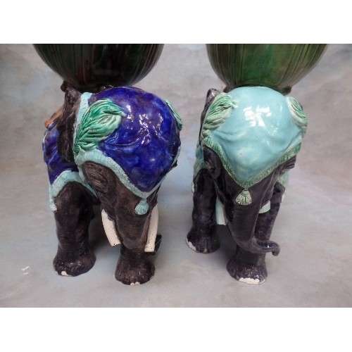 209 - A PAIR OF MAJOLICA ELEPHANT PLANTERS IN THE VICTORIAN STYLE  - 40CM H - SOME CHIPS AND CRACKS