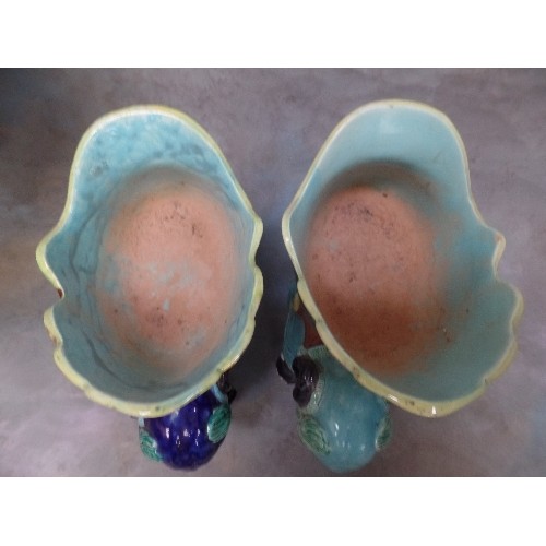 209 - A PAIR OF MAJOLICA ELEPHANT PLANTERS IN THE VICTORIAN STYLE  - 40CM H - SOME CHIPS AND CRACKS