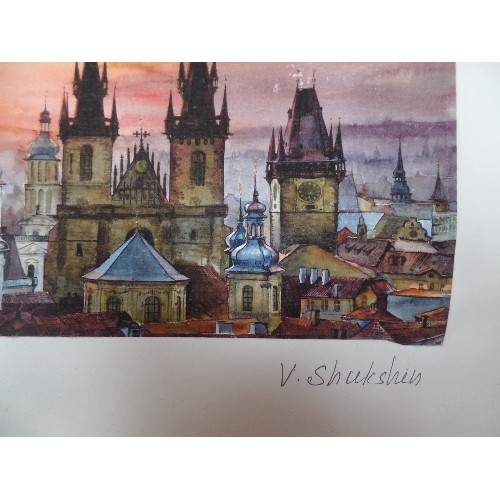 173 - AN ORIGINAL WATERCOLOUR OF PRAGUE ARCHITECTURE WITH ROOFS AND SPIRES AT SUNSET - UNFRAMED - SIGNED O... 