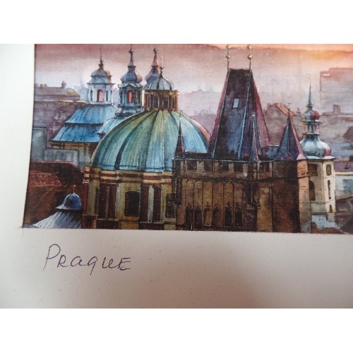 173 - AN ORIGINAL WATERCOLOUR OF PRAGUE ARCHITECTURE WITH ROOFS AND SPIRES AT SUNSET - UNFRAMED - SIGNED O... 