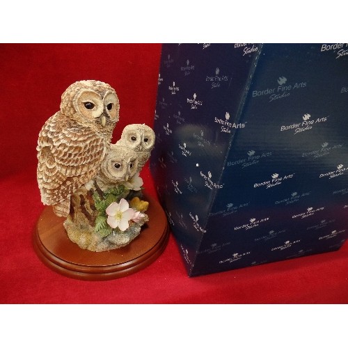 104 - BORDER FINE ARTS TAWNY OWL WITH TWO OWLETS (A24893) WITH  BOX - ON A WOODEN PLINTH. 20CM