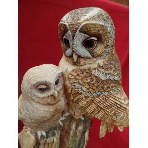 109 - BORDER FINE ARTS, TAWNY OWL & YOUNG ON A TREE TRUNK - ON A WOODEN PLINTH. 30CM