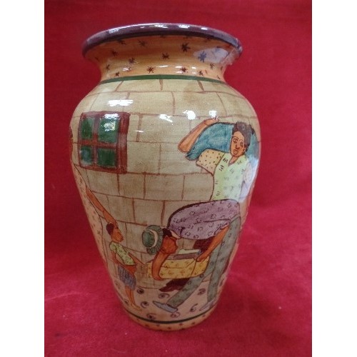 167 - AN AFRICAN STUDIO POTTERY VASE - HAND POTTED AND HAND PAINTED WITH A DOMESTIC SCENE  - SIGNED ON THE... 