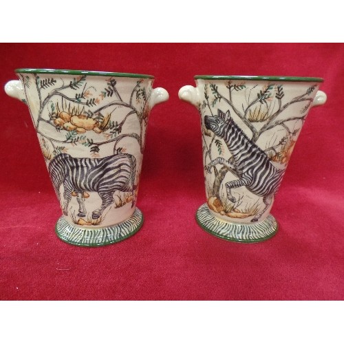 164 - A SMALL PAIR OF AFRICAN STUDIO POTTERY VASES - HAND POTTED AND BEAUTIFULLY PAINTED WITH ZEBRAS AMONG... 