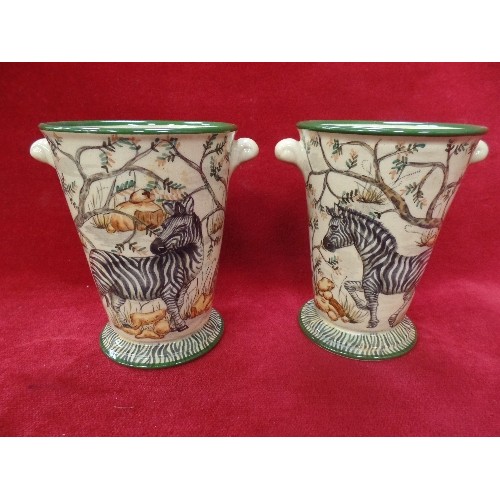 164 - A SMALL PAIR OF AFRICAN STUDIO POTTERY VASES - HAND POTTED AND BEAUTIFULLY PAINTED WITH ZEBRAS AMONG... 