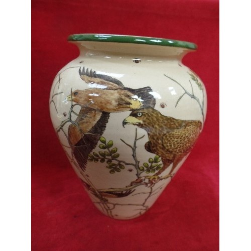 165 - A LARGE AFRICAN STUDIO POTTERY VASE - HAND POTTED AND HAND PAINTED WITH LESSER SPOTTED EAGLES AMONGS... 