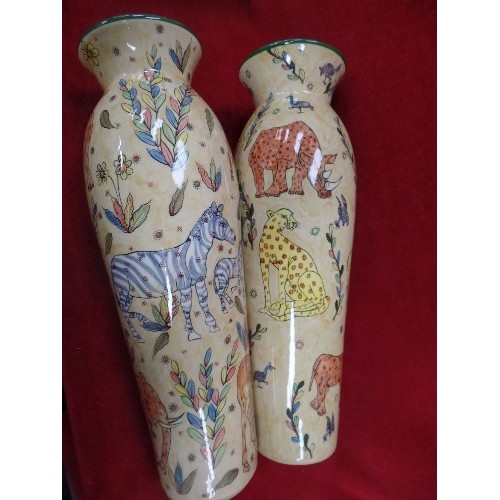 162 - A WONDERFUL AND LARGE PAIR OF AFRICAN STUDIO POTTERY VASES- HAND POTTED AND HAND PAINTED WITH WILDLI... 