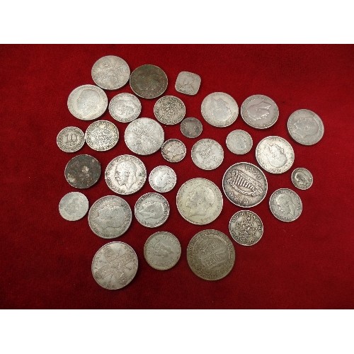 93 - COLLECTION OF 31 MOSTLY BRITISH SILVER COINS VARIOUS DATES AND VALUES