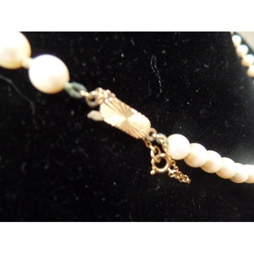 62 - BEAUTIFUL SET OF PEARLS WITH 9CT GOLD CLASP AND SAFETY CHAIN - BOXED