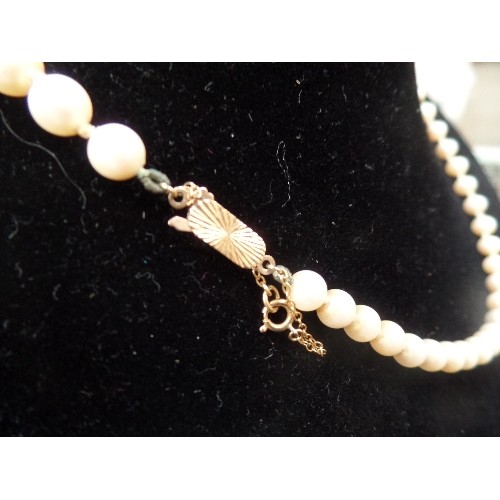 62 - BEAUTIFUL SET OF PEARLS WITH 9CT GOLD CLASP AND SAFETY CHAIN - BOXED